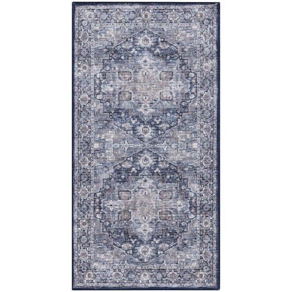 Unbranded Machine Washable Series 1 Ivory Navy 3 ft. x 5 ft. Distressed Traditional Area Rug