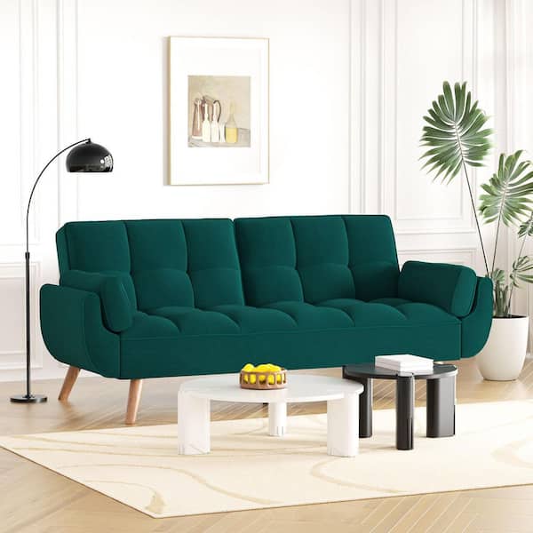 Chic 75 in. Green Linen Futon Sleeper Bed Convertible Loveseat Sofa with Split Backrest and Pillows