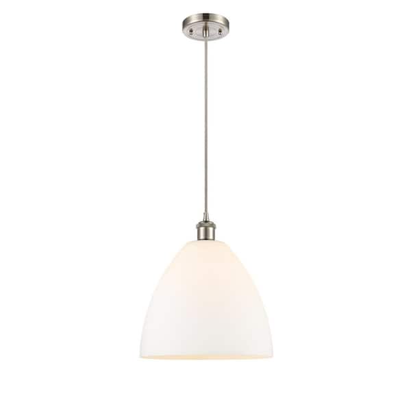 Bristol Glass 60-Watt 1 Light Brushed Satin Nickel Shaded Mini Pendant Light with Frosted glass Frosted Glass Shade