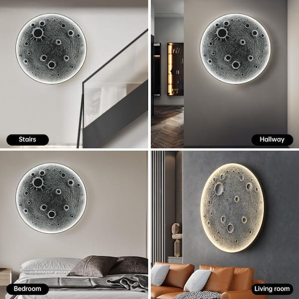 GOGEXX 40 in. x 40 in. Gray Realistic Resin Moon Dimmable LED Wall