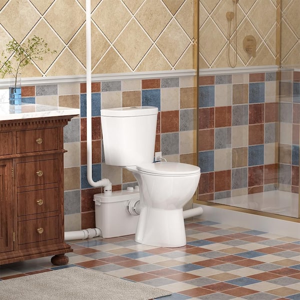 19 in. 2-Piece Round Dual Flush 0.8/1.28 GPF Macerating Toilet with 0.67 HP Pump for Basement Upflush Systeme in White