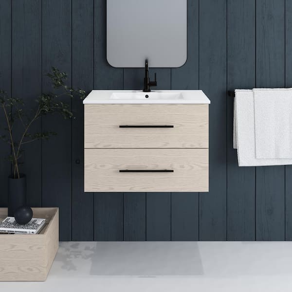 VOLPA USA AMERICAN CRAFTED VANITIES Napa 30 in. W. x 18 in. D Single Sink Bathroom Vanity Wall Mounted in Natural Oak with Ceramic Integrated Countertop