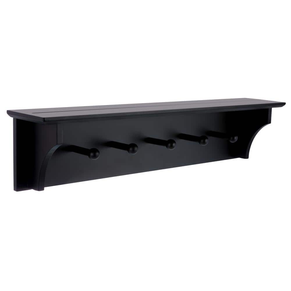 Black Asian Hardwood Wall Shelf with 5 Pegs