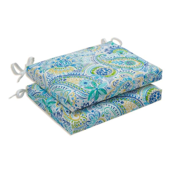 Pillow Perfect Paisley 18.5 in. x 16 in. 2-Piece Outdoor Dining Chair Cushion in Blue/Yellow Gilford