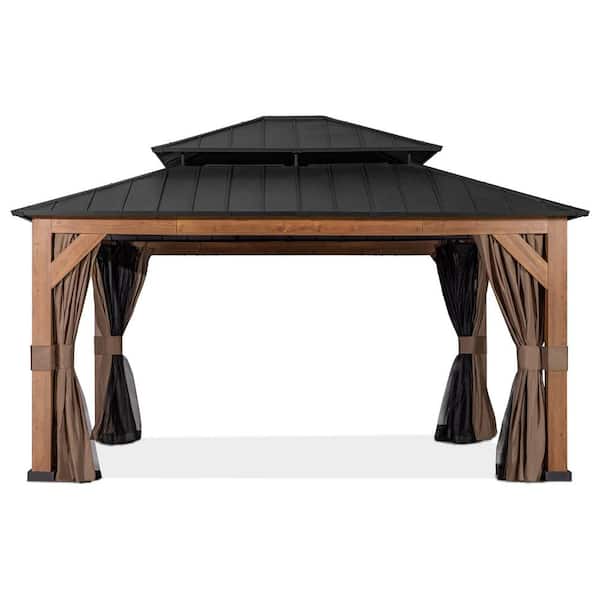 Unbranded 15 ft. W x 13 ft. Black Patio Hardtop Gazebo Outdoor Metal Hard Top Gazebo Double Roof, for Backyard Lawn Garden