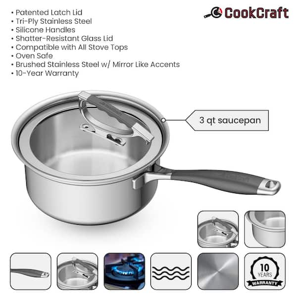 CookCraft 3-Qt. Tri-Ply Stainless Steel Sauce Pan with Lid