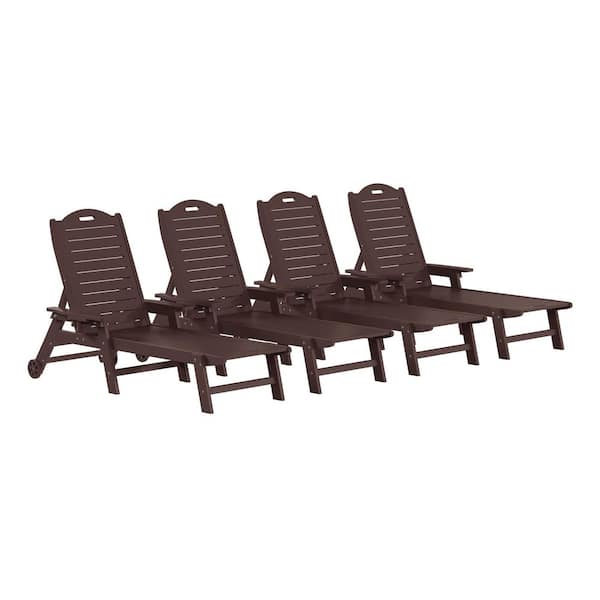 Brighton Outdoor Patio Dark Brown Poly Plastic Set of 4 Reclining Chaise Lounge Cup Holder Pool Chairs w/ Wheels