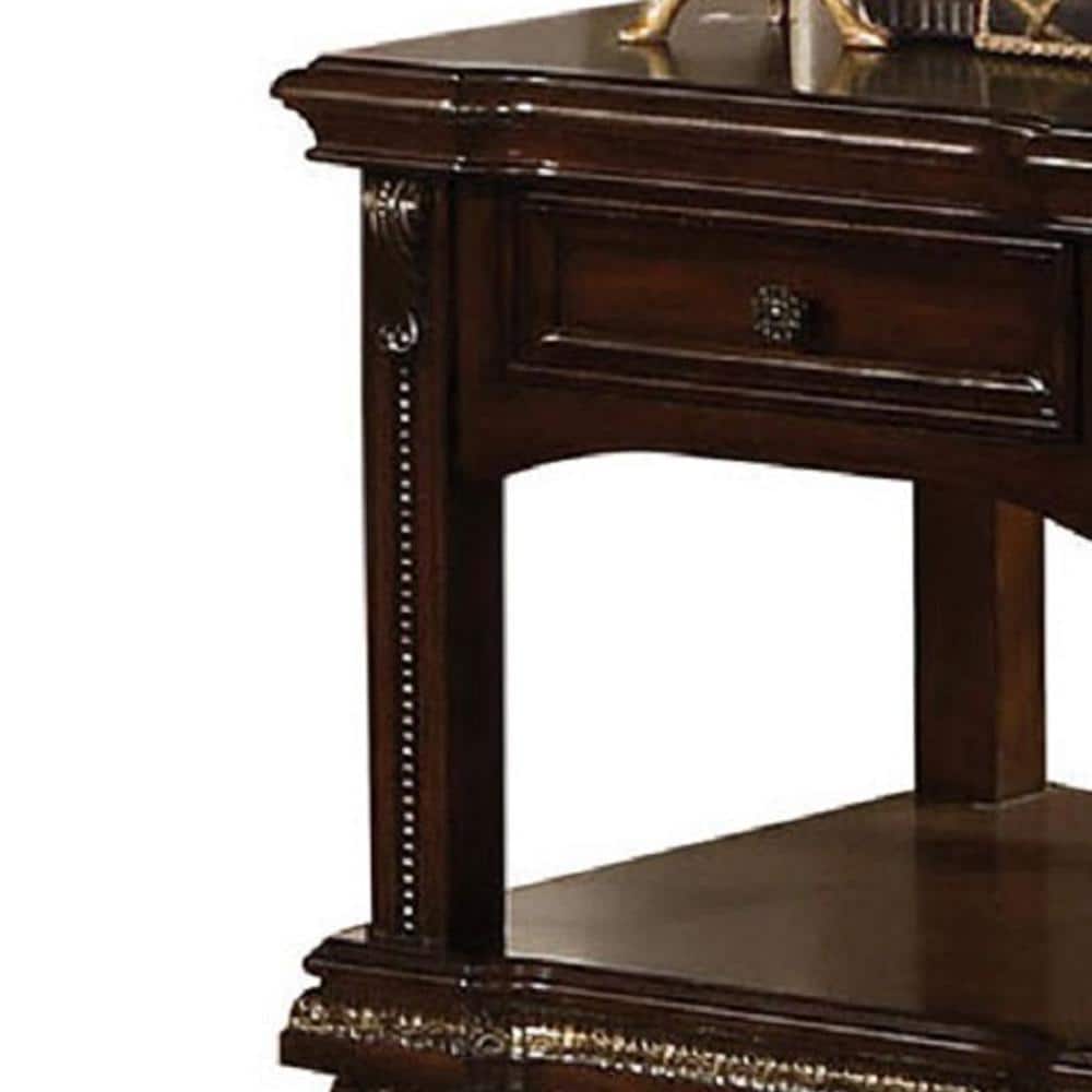 Cherry Brown Wooden End Table with Glass Top and Storage