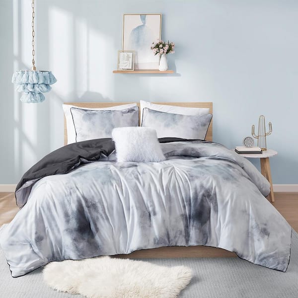 Karissa (3-Piece) Charcoal Microfiber Twin/Twin XL Watercolor Tie Dye Printed Comforter Set with Throw Pillow