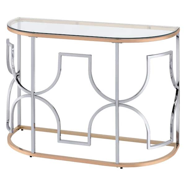 Furniture of America Tuba 42 in. Chrome and Gold Half-Circle Glass Console Table