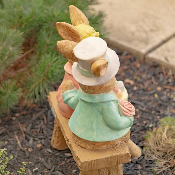 Zaer Ltd. Magnesium Rabbit Couple Garden Statue On Bench ZR342022