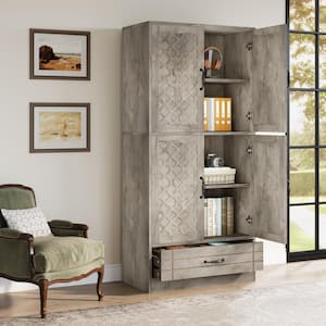 Eulas 70.08 in. Tall Gray Engineered Wood 4-Shelf Standard Bookcase with Interior Shelves and Drawer