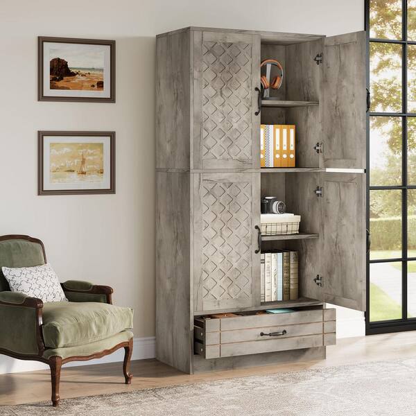 BYBLIGHT Eulas 70.08 in. Tall Gray Engineered Wood 4-Shelf Standard Bookcase with Interior Shelves and Drawer