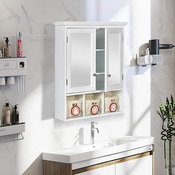 Tangkula Bathroom Medicine Cabinet with Mirror, Wall Mounted Bathroom Storage Cabinet w/Mirror Door & 6 Open Shelves, Adjustable Shelves, Mirror