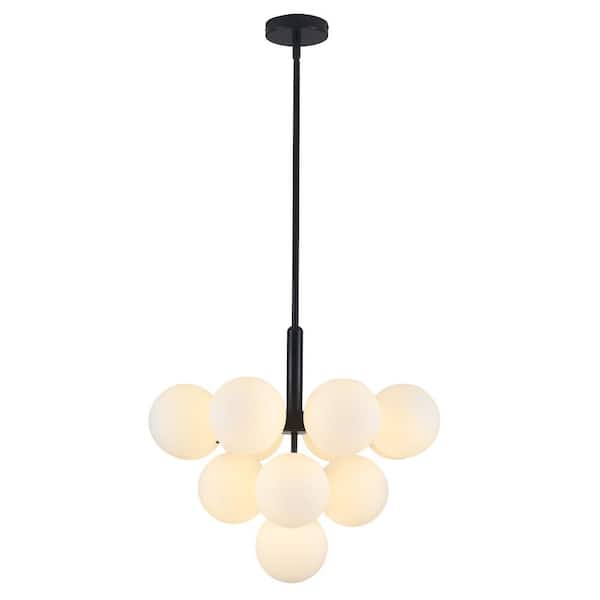 22. 44 in. 13-Light Black Mid-Century Sputnik Atomic Tiered Bubble Cluster Chandelier with Opal Glass Globe for Kitchen