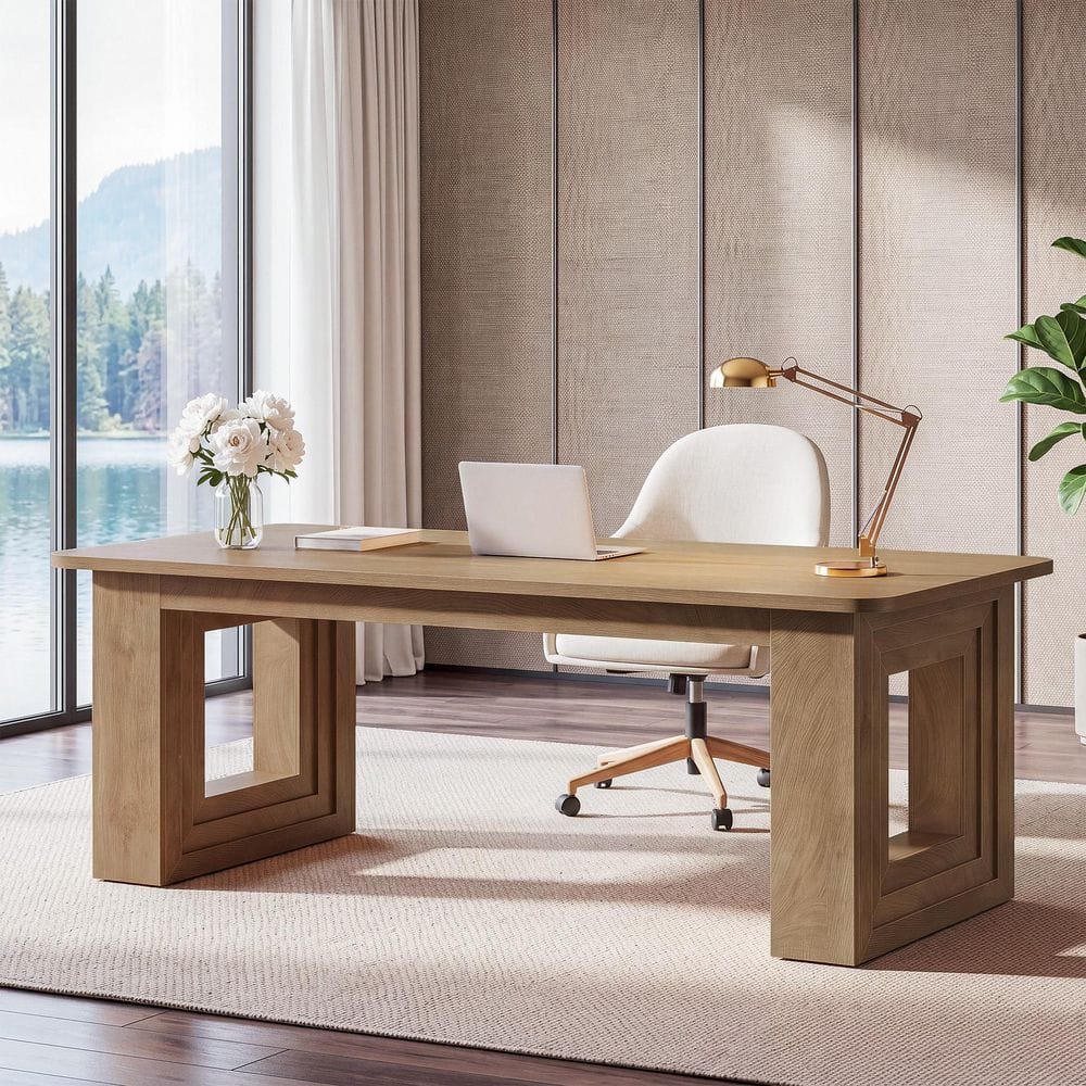 63 in. Rectangular Brown Wood Computer Desk with Double Pedestal Base for Office