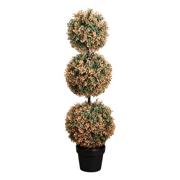 3ft. UV Resistant Autumn Triple Ball Boxwood Artificial Fall Topiary Tree with 30 Warm White LED Lights (Indoor/Outdoor)