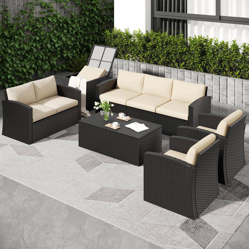 Black 6-Piece Wicker Patio Conversation Set with 2 Storage Boxes and Beige Cushions price history on PriceWatchPro