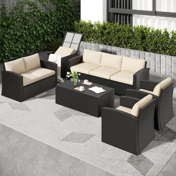 Black 6-Piece Wicker Patio Conversation Set with 2 Storage Boxes and Beige Cushions