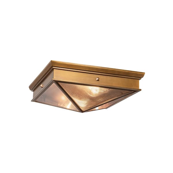 Cairo 15 in. 2-Light 40-Watt Ribbed Glass/Vintage Brass Flush Mount