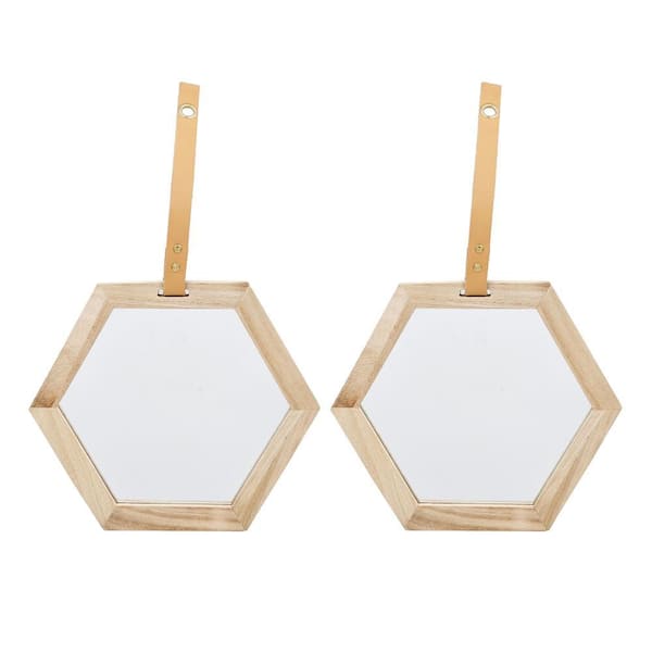 Beige Brown 11.2 in. W x 0.6 in. Modern Hexagon Mirror 2 Pieces Wall Accent