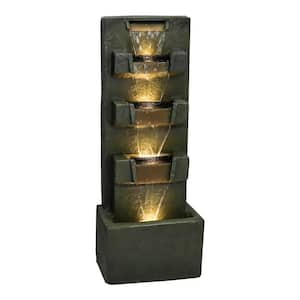 39.3 in. Concrete Modern 5-Tiered Fountain Indoor Outdoor Waterfalls with LED Light for Garden, Patio, Home Art Decor