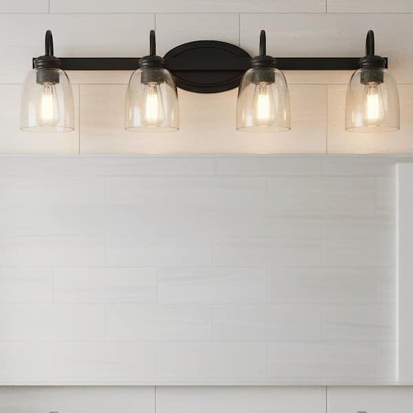 25.2 in. 4-Light Matte Black Modern Bathroom Vanity Light Mirror Wall Light with Black Accents and Seeded Glass Shade