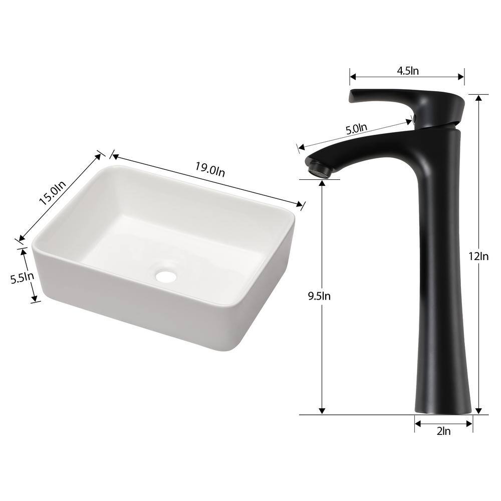 19'' White Ceramic Rectangular Vessel Sink with Matte Black Faucet