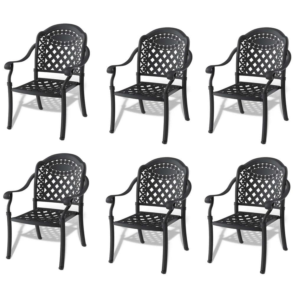 Black Cast Aluminum Outdoor Dining Armchairs with Cushions (6-Pack)