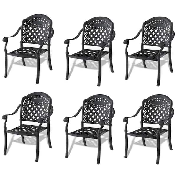Unbranded Black Cast Aluminum Outdoor Dining Chair Patio Dining Chairs Outdoor Metal Chairs with Cushion in Random Colors (6-Pack)