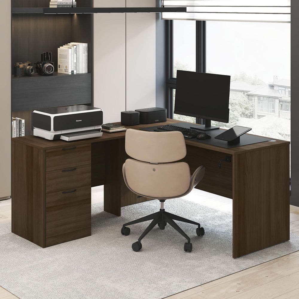 Furinno ROGER 60 in. L-Shaped Executive Desk with File Cabinet
