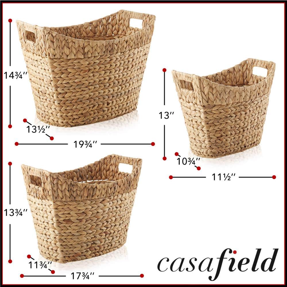 Set of 3 Natural Water Hyacinth Oval Storage Baskets with Handles