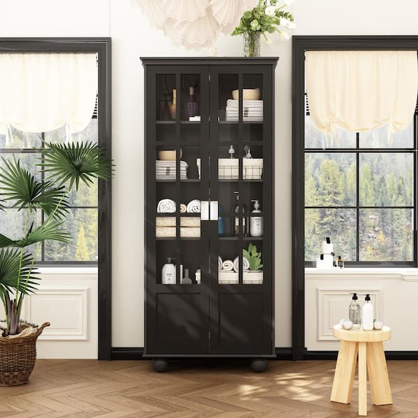 FUFU&GAGA 72.3 in. Tall Black Wood 5-Shelf Standard Bookcase with Ball-Shape Legs and Visable Doors