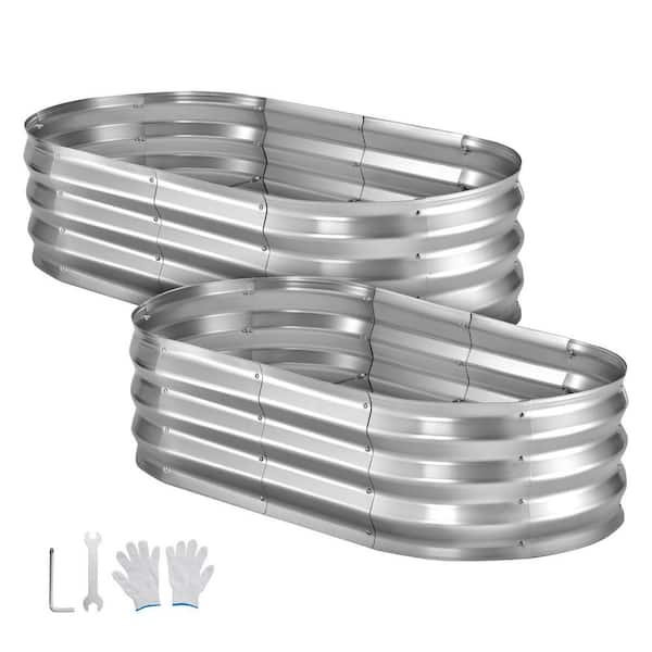 2 Pack Silver Galvanized Raised Garden Beds, 4 x 2 x 1 ft. Oval Metal Planter Boxes Kit Outdoor with Gloves, 2025 Update