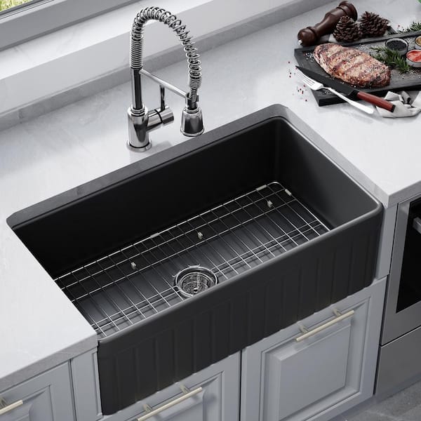 Matte Black Fireclay 33 in. Single Bowl Farmhouse Apron Workstation Kitchen  Sink with Bottom Grid and Strainer