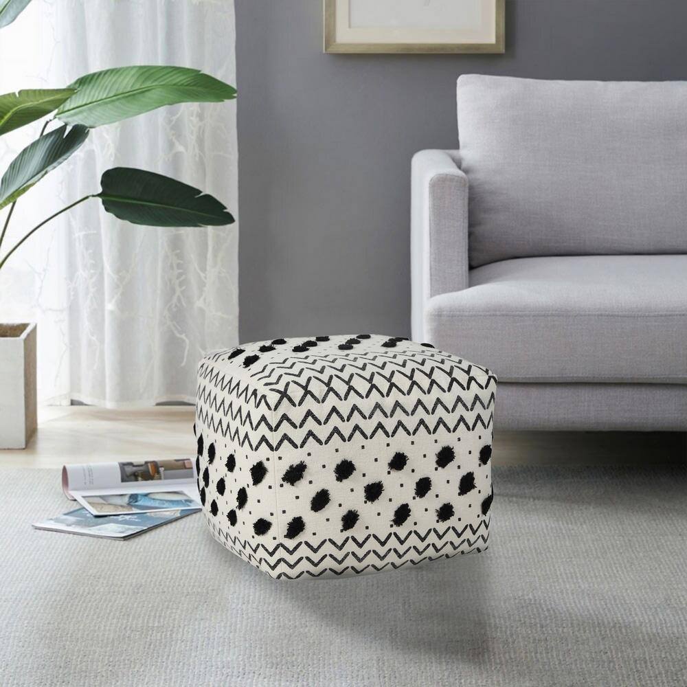 White and Black Geometric Tufted Cotton Square Pouf Ottoman