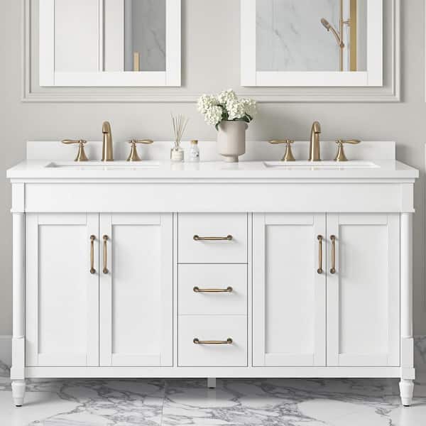 OVE Decors Salisbury 60 in. W x 22 in. D x 35 in. H Double Sink Bath Vanity in Pure White with White Engineered Marble Top