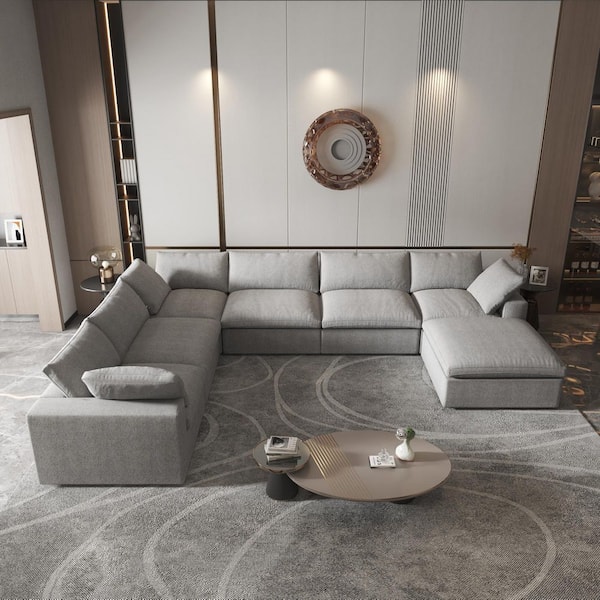 7-piece Gray Feather Sectional Sofa 157.3 in. Linen Polyester Modular Free Combination Living Room Set with Storage