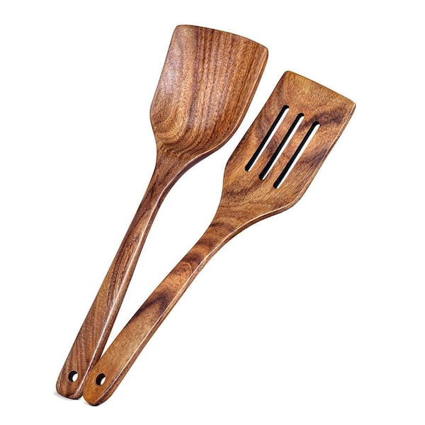 2-Piece Acacia Wood Cooking Spatula Set Nonstick Safe Heat-Resistant Kitchen Utensil Accessory Set with Hanging Hole