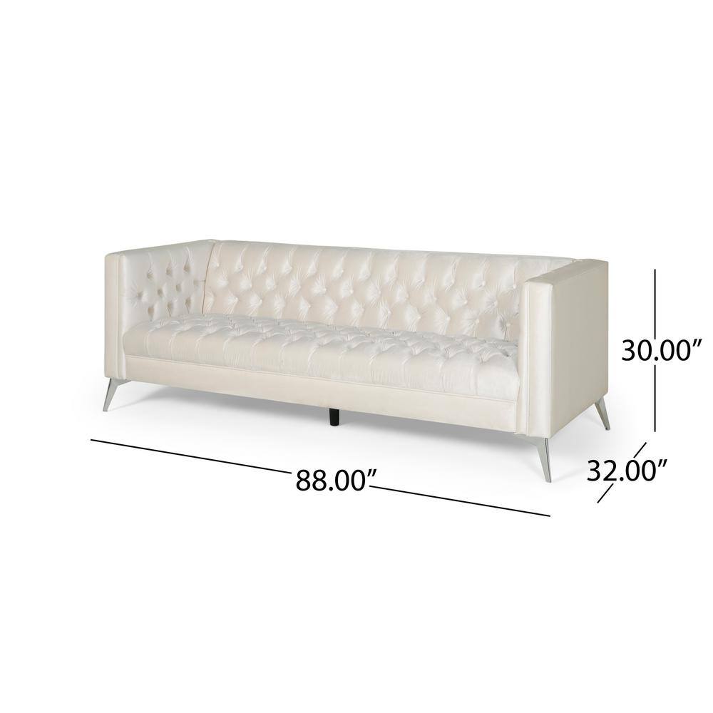 Beige Velvet Tufted Tuxedo 3-Seater Sofa with Wood Frame