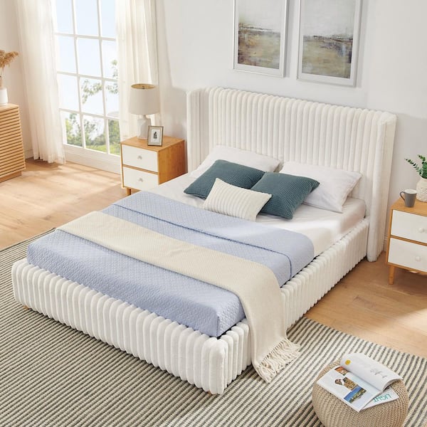 Timberwood Modern Beige Fluffy Rabbit Fur Fabric Upholstered Wood Frame Queen Platform Bed with Wingback Headboard