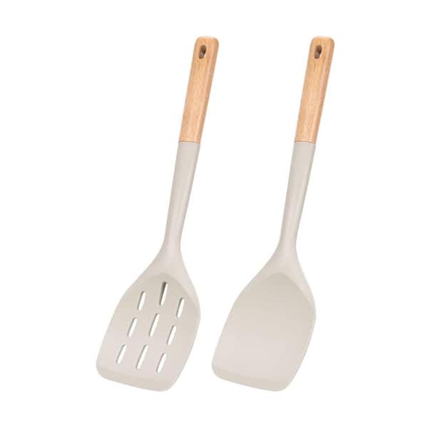 Khaki Silicone Spatula Non Stick Cooking Utensil Set Wooden Handle Kitchen Turner Heat Resistant 2 Pack