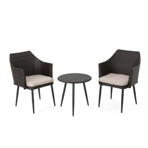 3-PC Brown Plastic & Metal Outdoor Conversation Set with PE Rattan, Iron Frame & Beige Waterproof Cushions for Garden