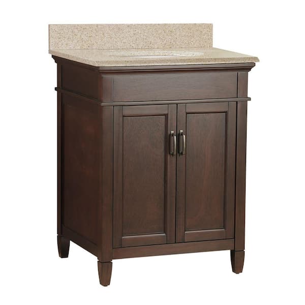 Home Decorators Collection Ashburn 25 in. W x 22 in. D x 35 in. H Single Sink Freestanding Bath Vanity in Mahogany with Beige Granite Top
