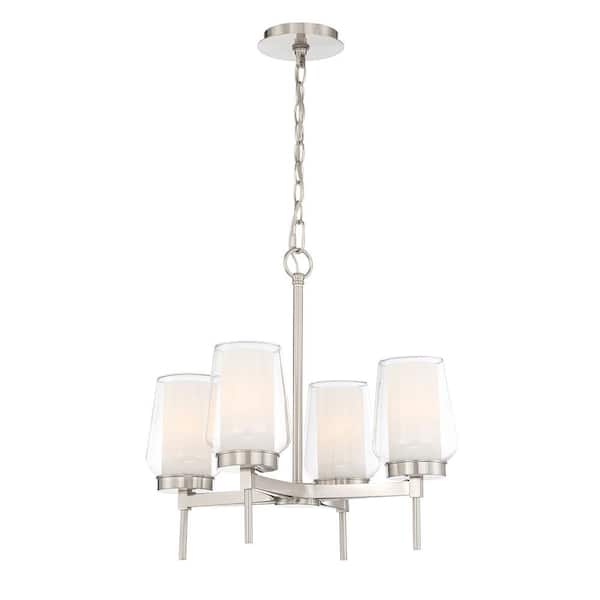Easylite 4 Light Brushed Nickel, Chandelier With White Glass Shades