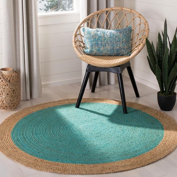 Natural Fiber Teal/Beige 10 ft. x 10 ft. Woven Ascending Round Area Rug