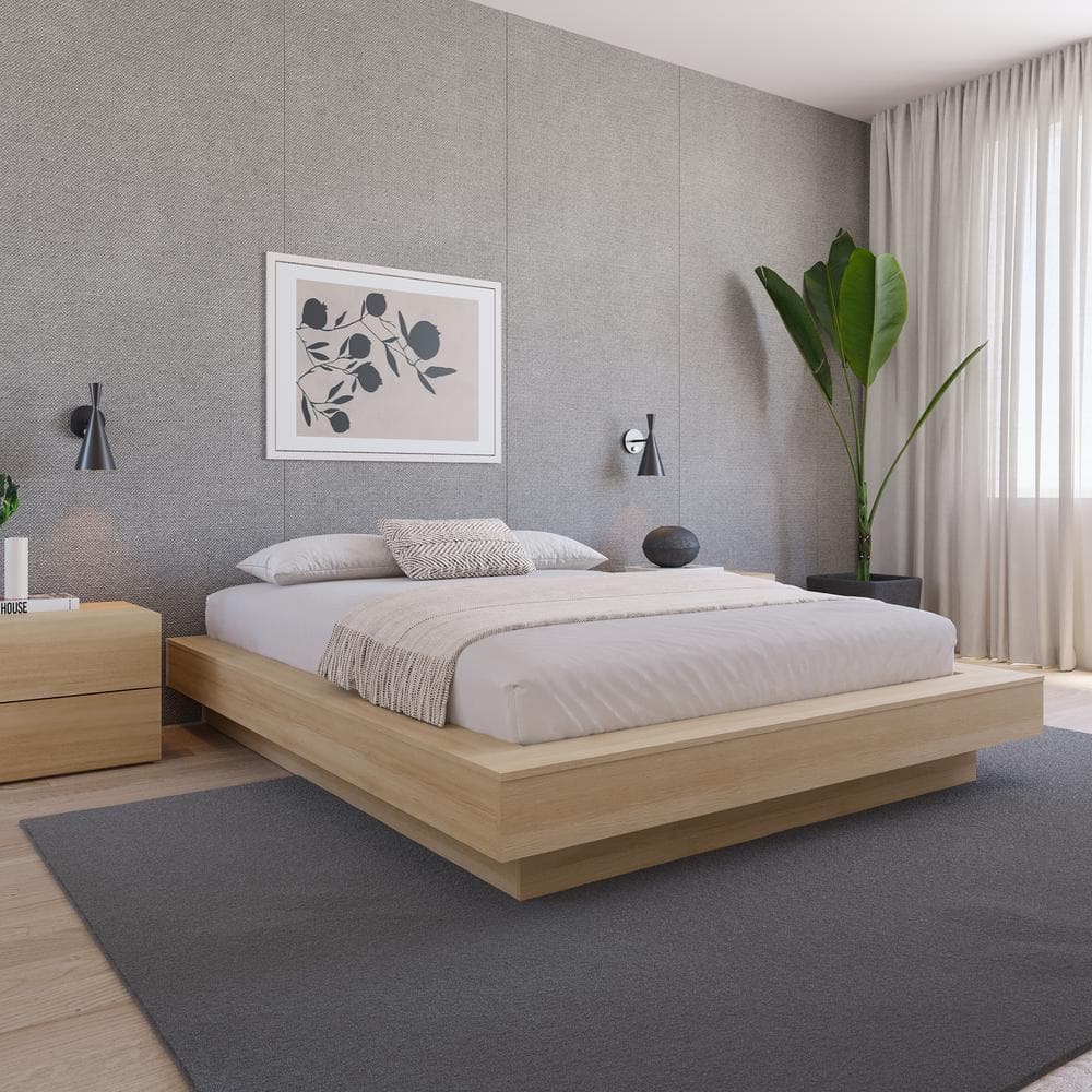 Natural Oak Queen Platform Bed with Engineered Wood Frame