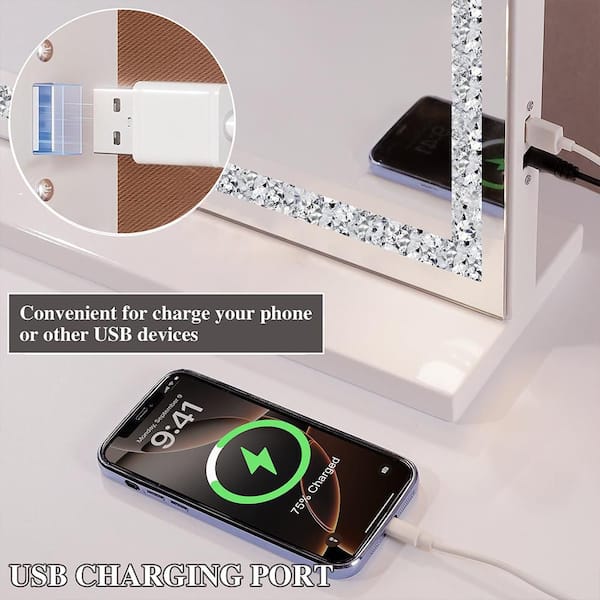 31.5 in x 22.8 in White Vanity with Crystal Light Strip and 3 Colors Dimmable Light Makeup Mirror wiuth USB Charge Port