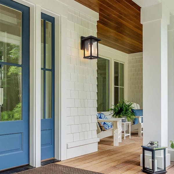 Matte Black Outdoor Wall Lantern Sconce with Textured Glass Shade Modern 1-Light Porch Patio Garden Wall Mounted Light