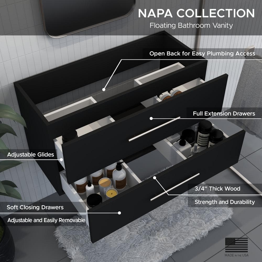 Napa 36" Black Wall-Mounted Floating Bathroom Vanity with Round Handles